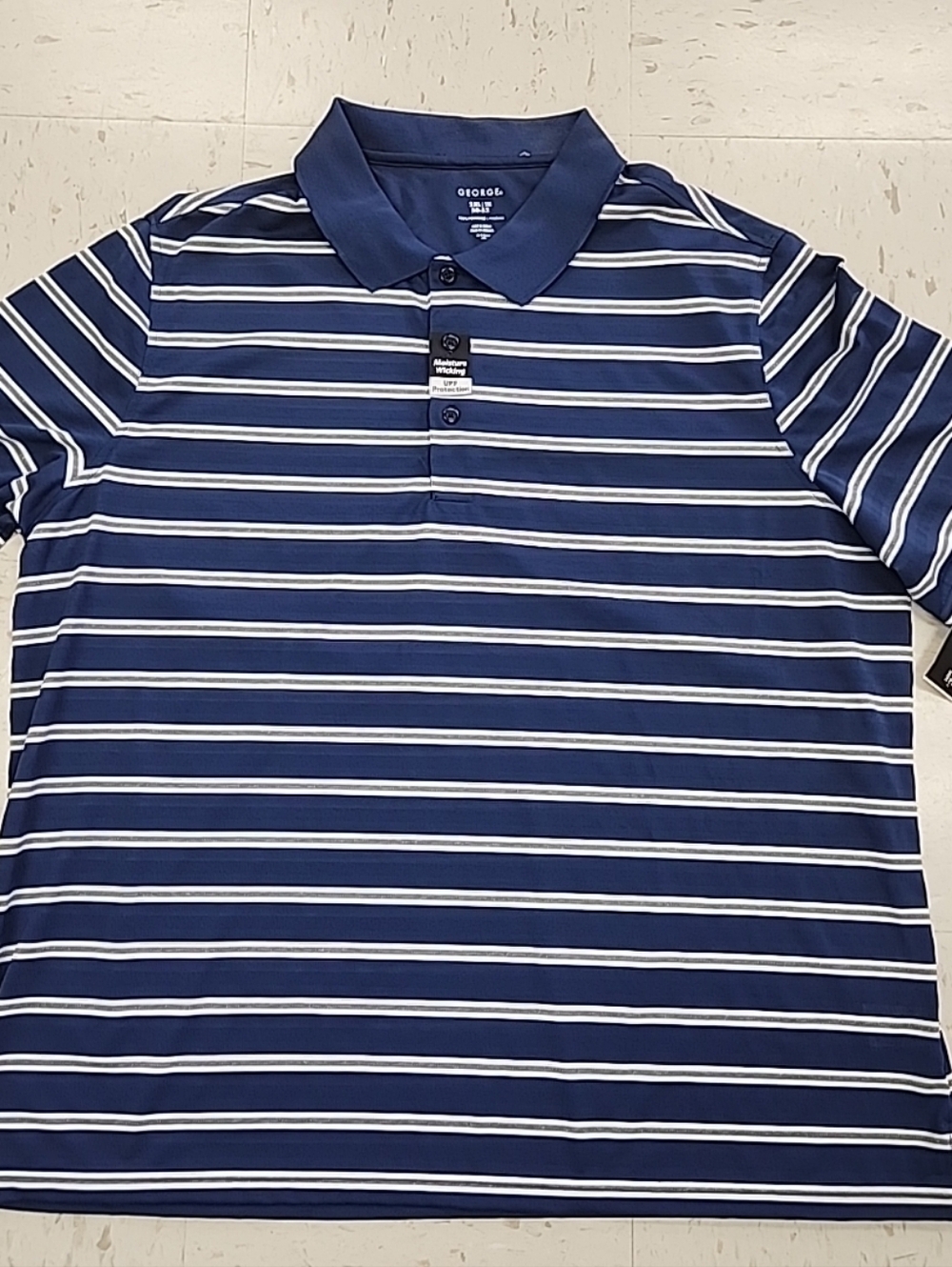 NEW George Men Navy Blue, Gray, and White Striped Golf Polo Men's Size XXL 2XL